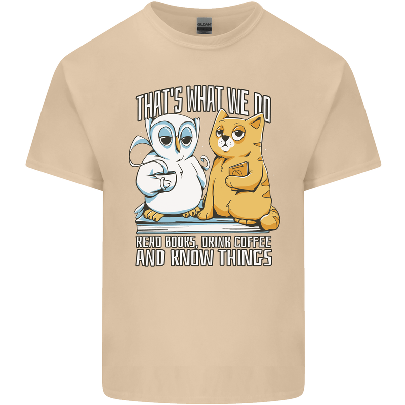 An Owl & Cat Book Reading Bibliophile Mens Cotton T-Shirt Tee Top Sand