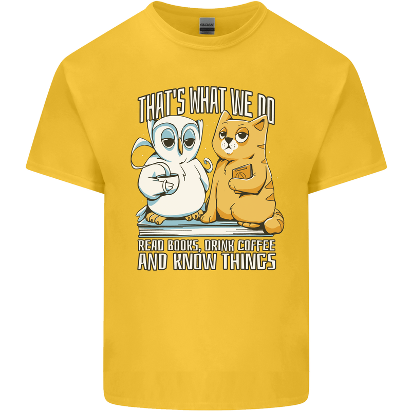 An Owl & Cat Book Reading Bibliophile Mens Cotton T-Shirt Tee Top Yellow
