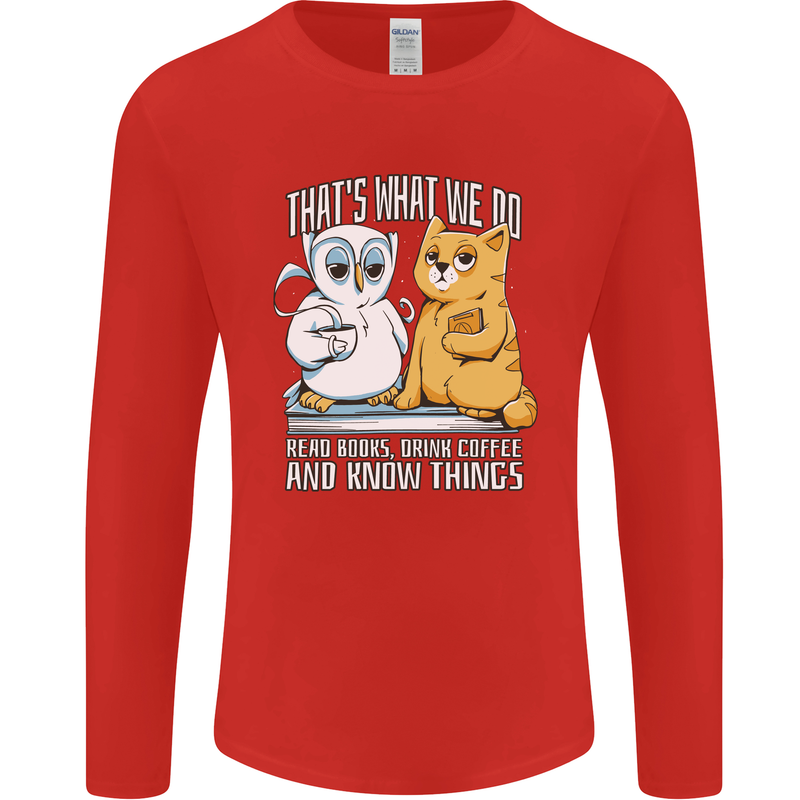 An Owl & Cat Book Reading Bibliophile Mens Long Sleeve T-Shirt Red