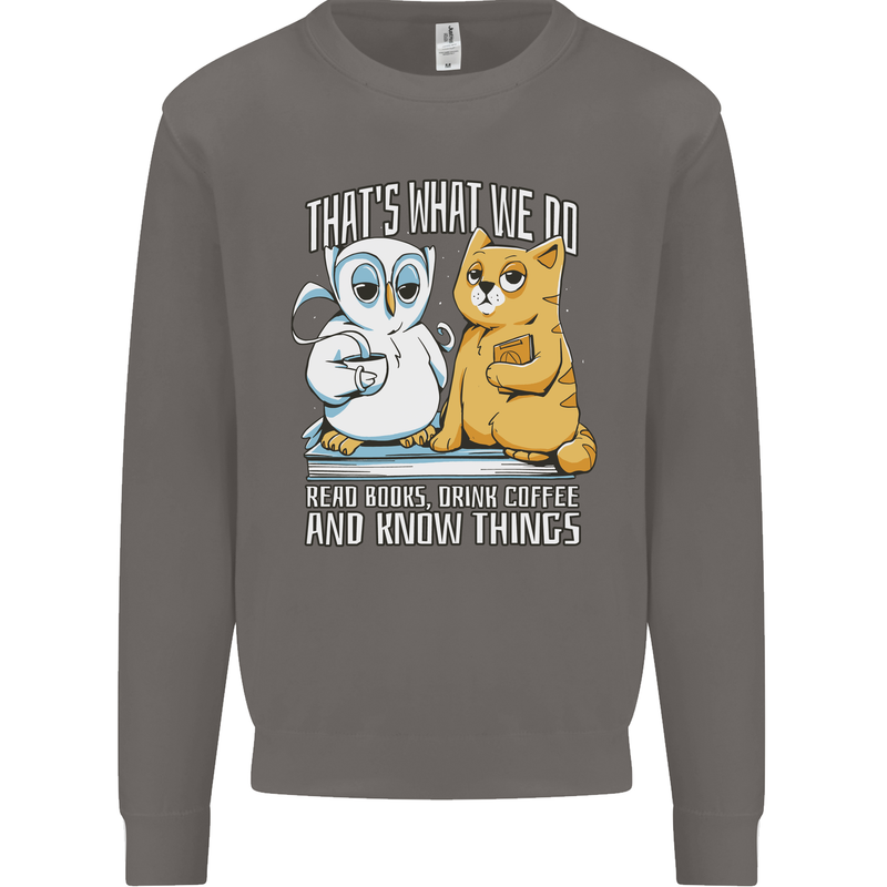 An Owl & Cat Book Reading Bibliophile Mens Sweatshirt Jumper Charcoal