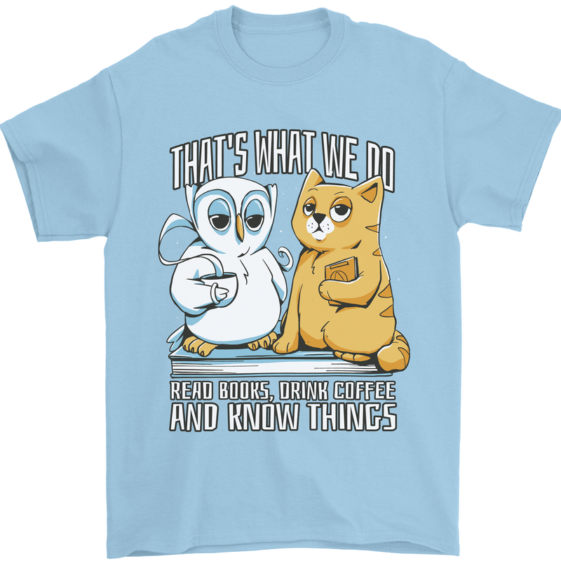 An Owl & Cat Book Reading Bibliophile Mens T-Shirt 100% Cotton Light Blue
