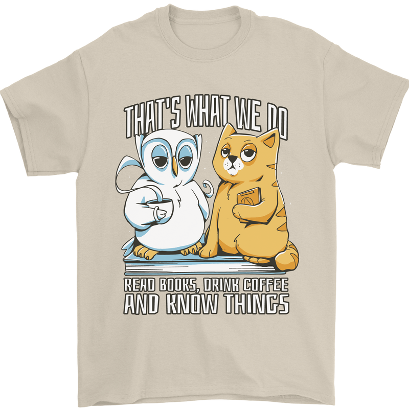 An Owl & Cat Book Reading Bibliophile Mens T-Shirt 100% Cotton Sand