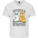 An Owl & Cat Book Reading Bibliophile Mens V-Neck Cotton T-Shirt White