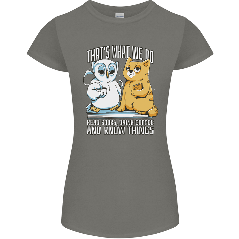 An Owl & Cat Book Reading Bibliophile Womens Petite Cut T-Shirt Charcoal
