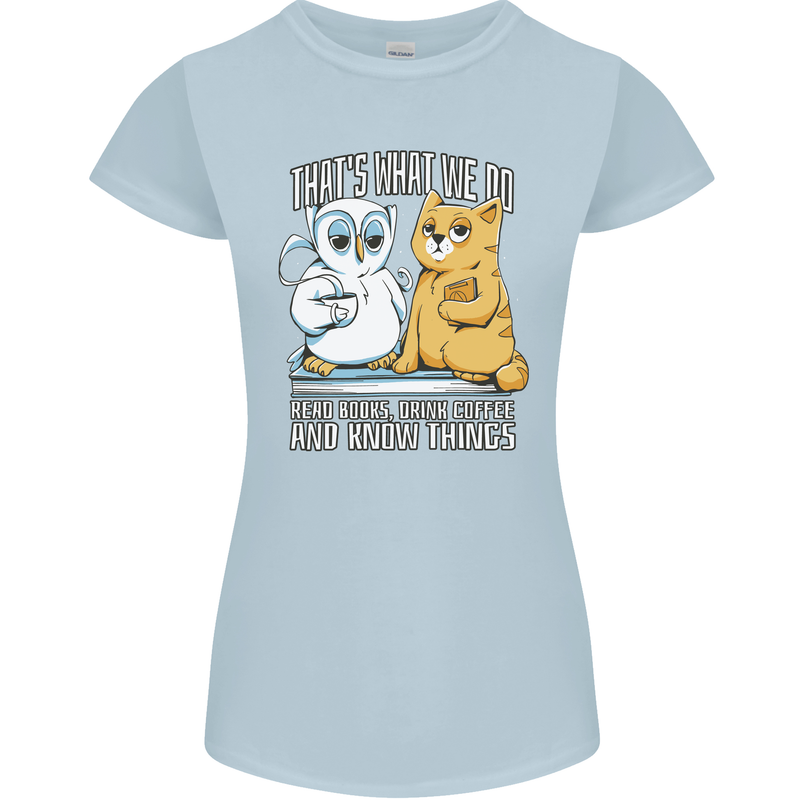 An Owl & Cat Book Reading Bibliophile Womens Petite Cut T-Shirt Light Blue