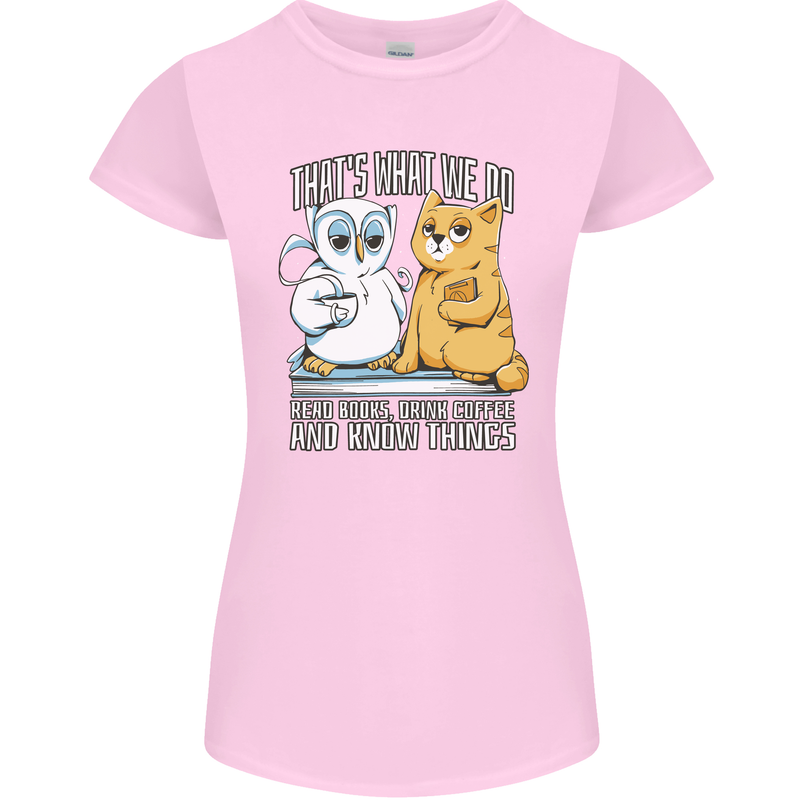 An Owl & Cat Book Reading Bibliophile Womens Petite Cut T-Shirt Light Pink