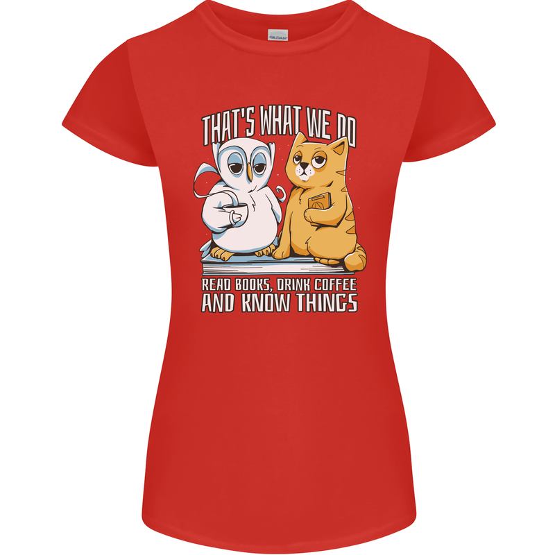 An Owl & Cat Book Reading Bibliophile Womens Petite Cut T-Shirt Red