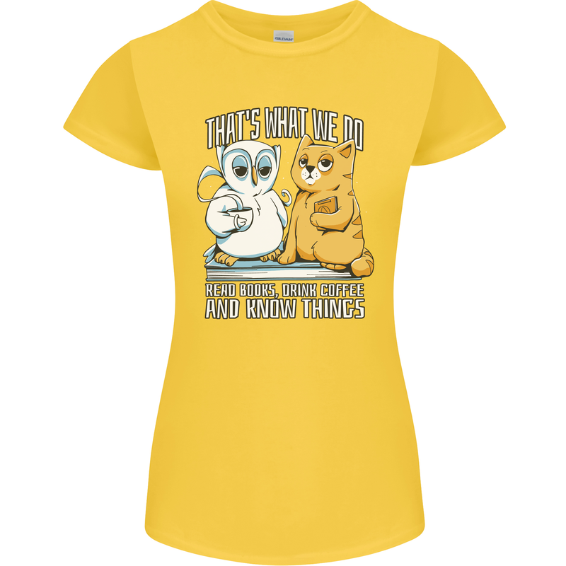 An Owl & Cat Book Reading Bibliophile Womens Petite Cut T-Shirt Yellow
