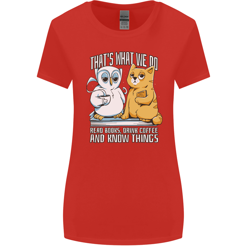An Owl & Cat Book Reading Bibliophile Womens Wider Cut T-Shirt Red