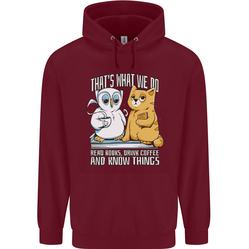 An Owl & Cat Book Reading Bookworm Mens 80% Cotton Hoodie Maroon