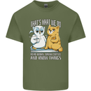 An Owl & Cat Book Reading Bookworm Mens Cotton T-Shirt Tee Top Military Green