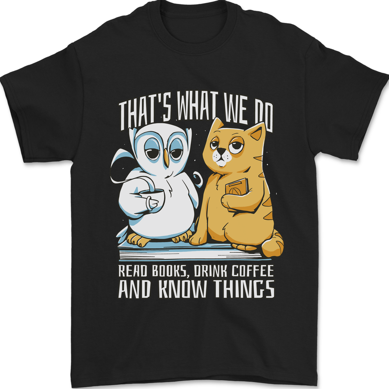 An Owl & Cat Book Reading Bookworm Mens T-Shirt 100% Cotton Black