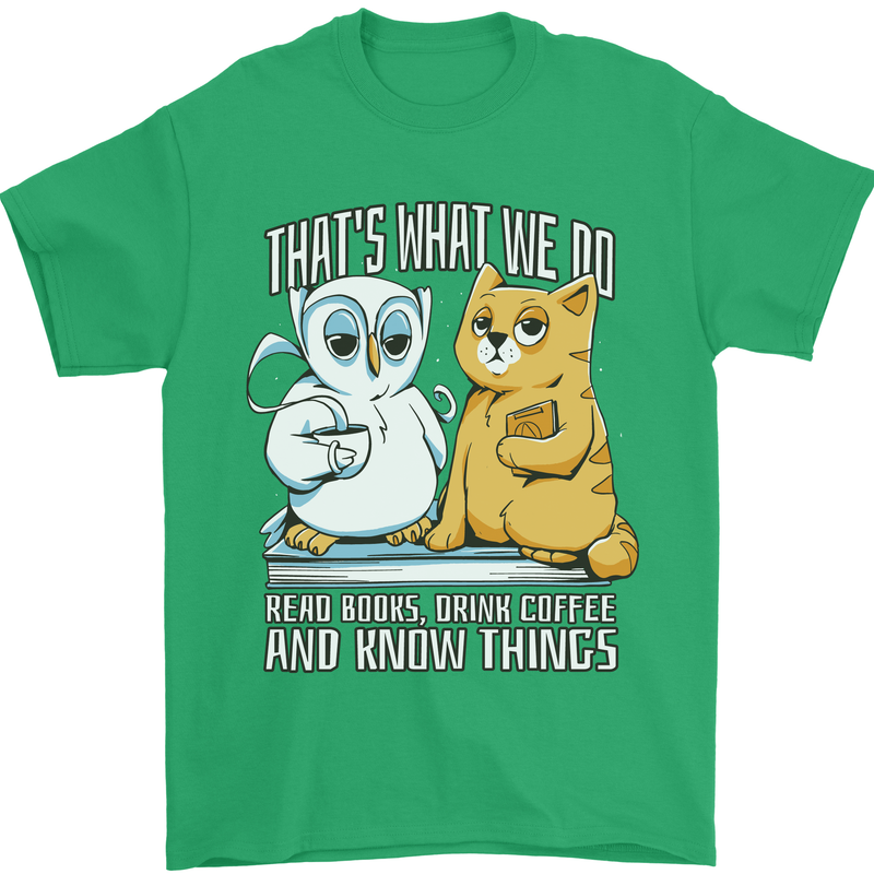An Owl & Cat Book Reading Bookworm Mens T-Shirt 100% Cotton Irish Green