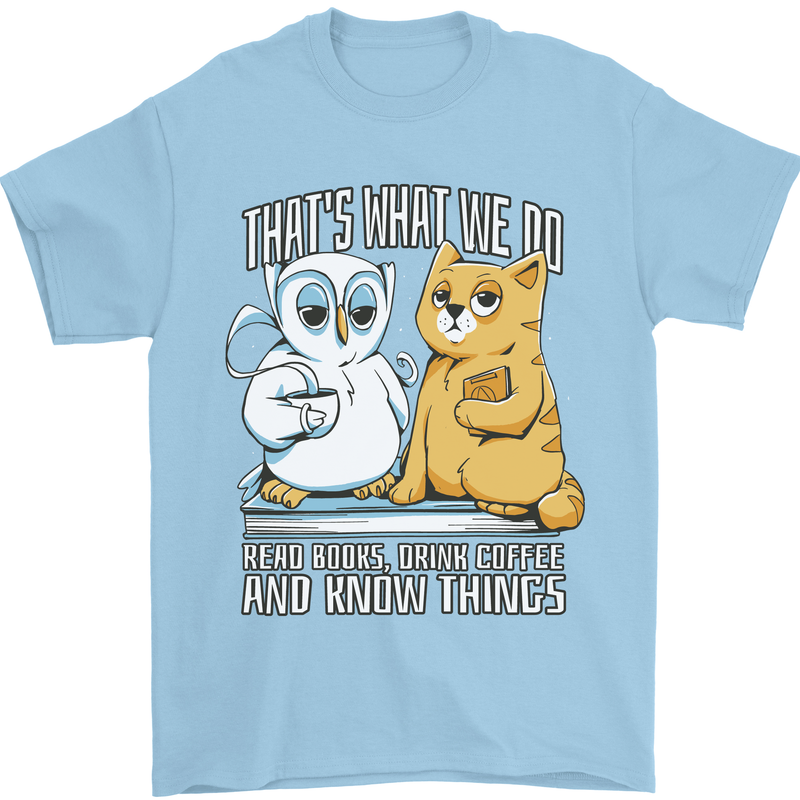 An Owl & Cat Book Reading Bookworm Mens T-Shirt 100% Cotton Light Blue