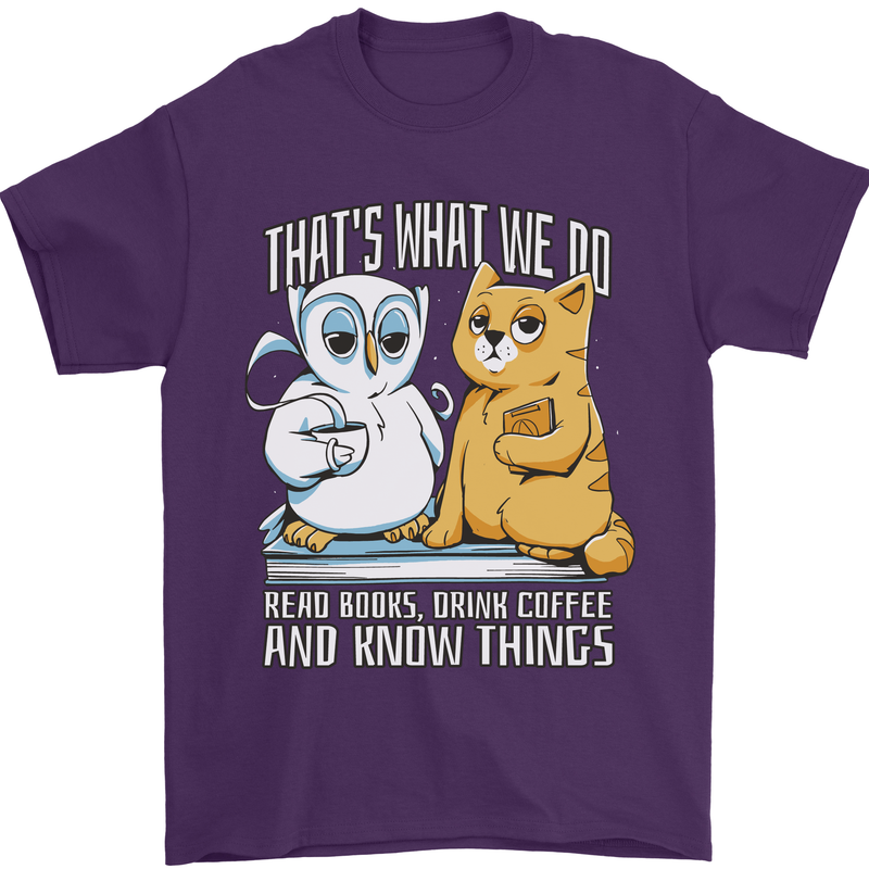 An Owl & Cat Book Reading Bookworm Mens T-Shirt 100% Cotton Purple