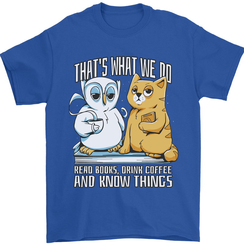 An Owl & Cat Book Reading Bookworm Mens T-Shirt 100% Cotton Royal Blue