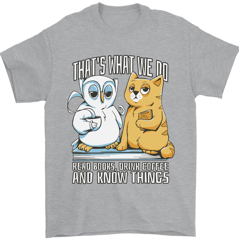 An Owl & Cat Book Reading Bookworm Mens T-Shirt 100% Cotton Sports Grey