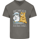 An Owl & Cat Book Reading Bookworm Mens V-Neck Cotton T-Shirt Charcoal