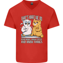 An Owl & Cat Book Reading Bookworm Mens V-Neck Cotton T-Shirt Red