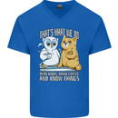 An Owl & Cat Book Reading Bookworm Mens V-Neck Cotton T-Shirt Royal Blue