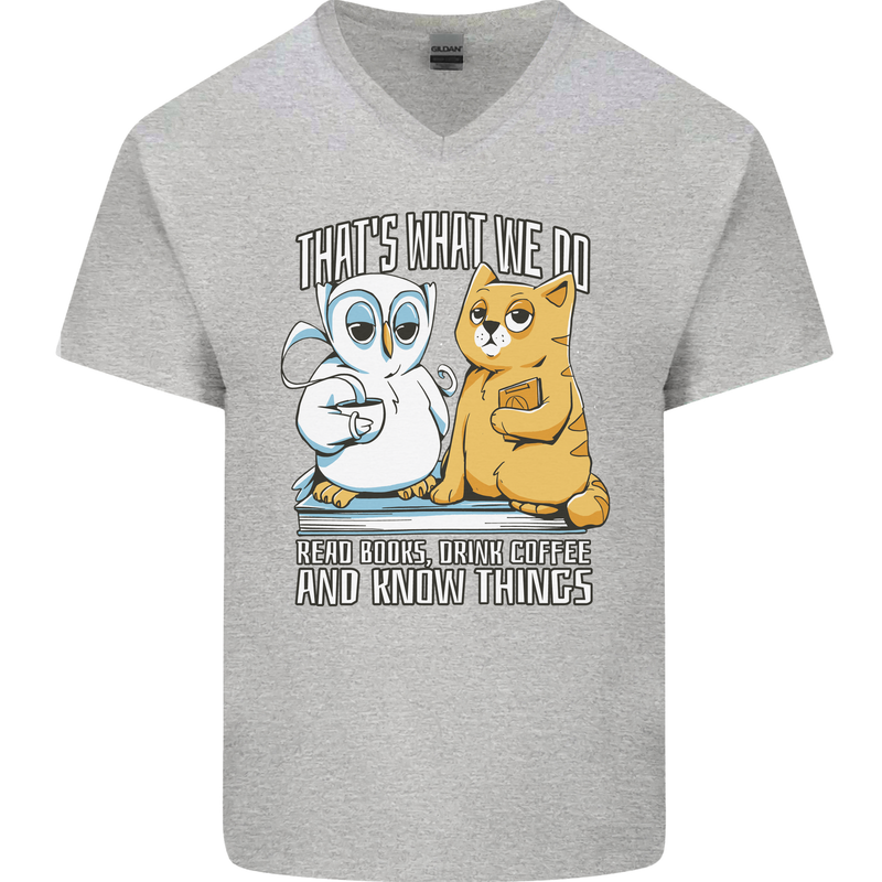 An Owl & Cat Book Reading Bookworm Mens V-Neck Cotton T-Shirt Sports Grey