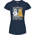 An Owl & Cat Book Reading Bookworm Womens Petite Cut T-Shirt Navy Blue