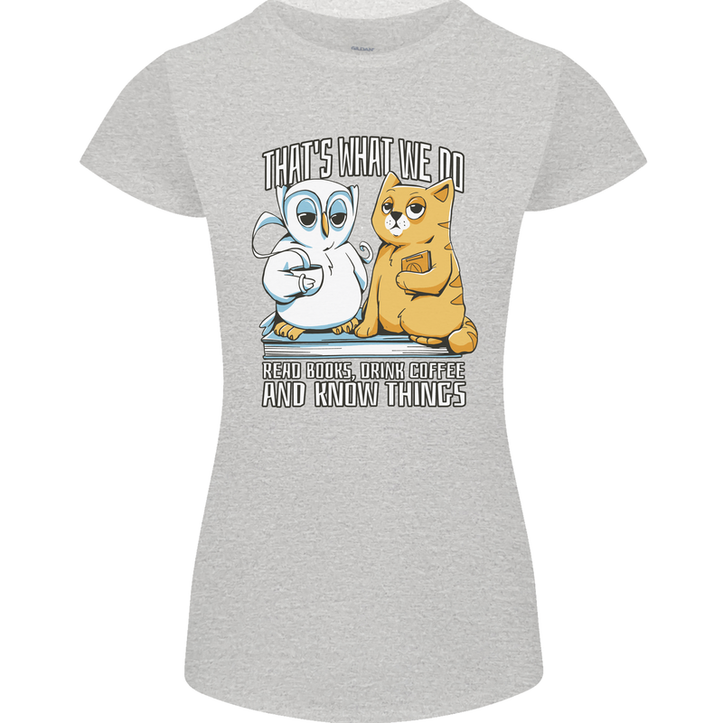 An Owl & Cat Book Reading Bookworm Womens Petite Cut T-Shirt Sports Grey