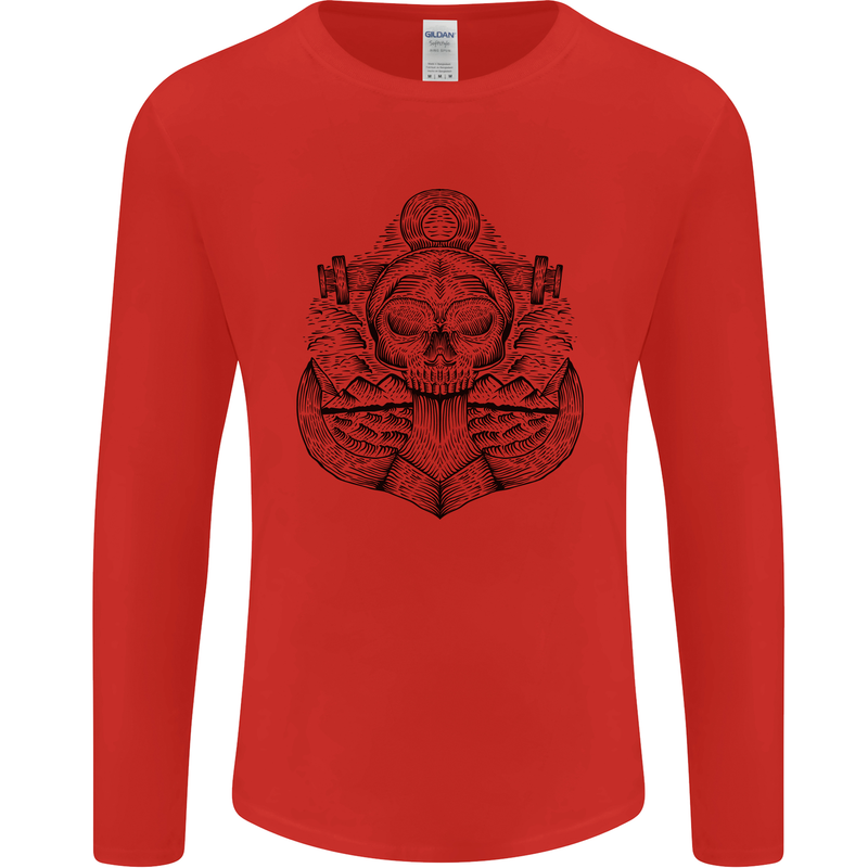 Anchor Skull Sailor Sailing Captain Pirate Ship Mens Long Sleeve T-Shirt Red