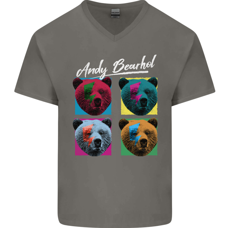 Andy Bearhol Funny Panda Bear Parody Art Mens V-Neck Cotton T-Shirt Charcoal