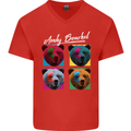 Andy Bearhol Funny Panda Bear Parody Art Mens V-Neck Cotton T-Shirt Red
