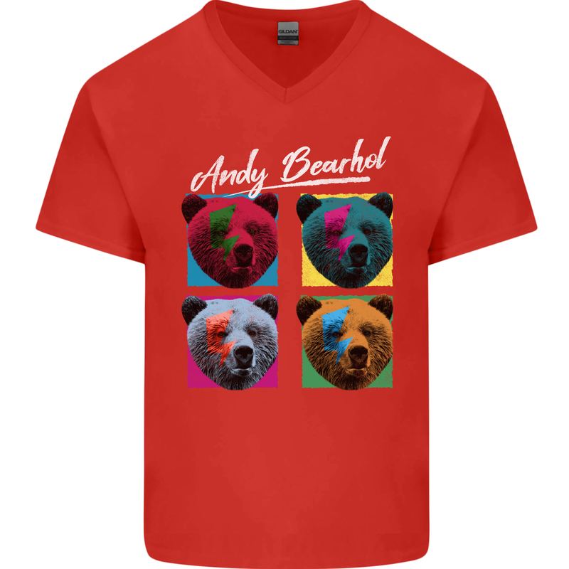 Andy Bearhol Funny Panda Bear Parody Art Mens V-Neck Cotton T-Shirt Red