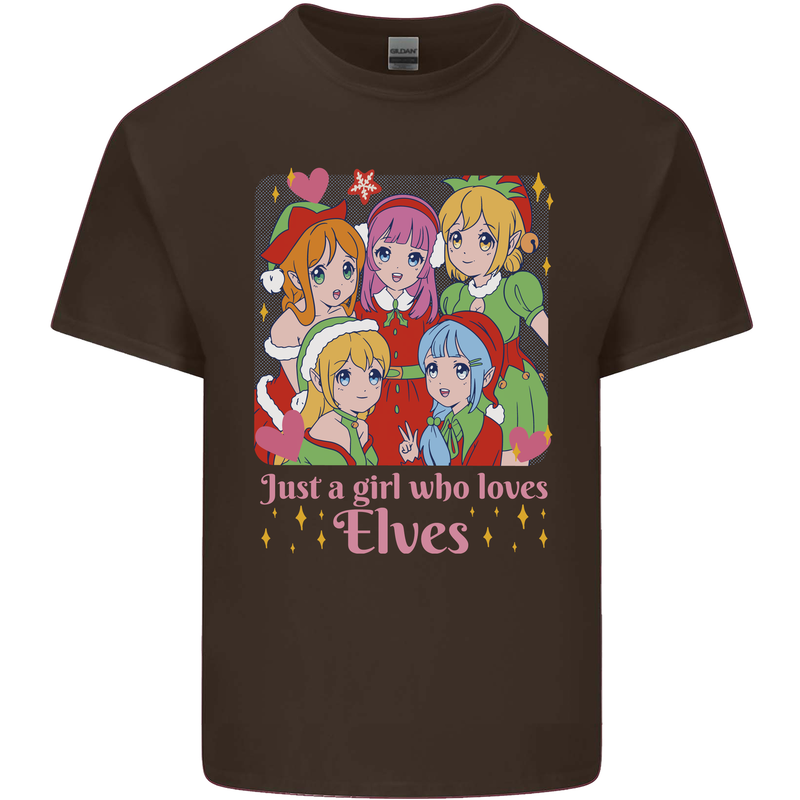 Anime A Girl Who Loves Elves Christmas Xmas Mens Cotton T-Shirt Tee Top Dark Chocolate