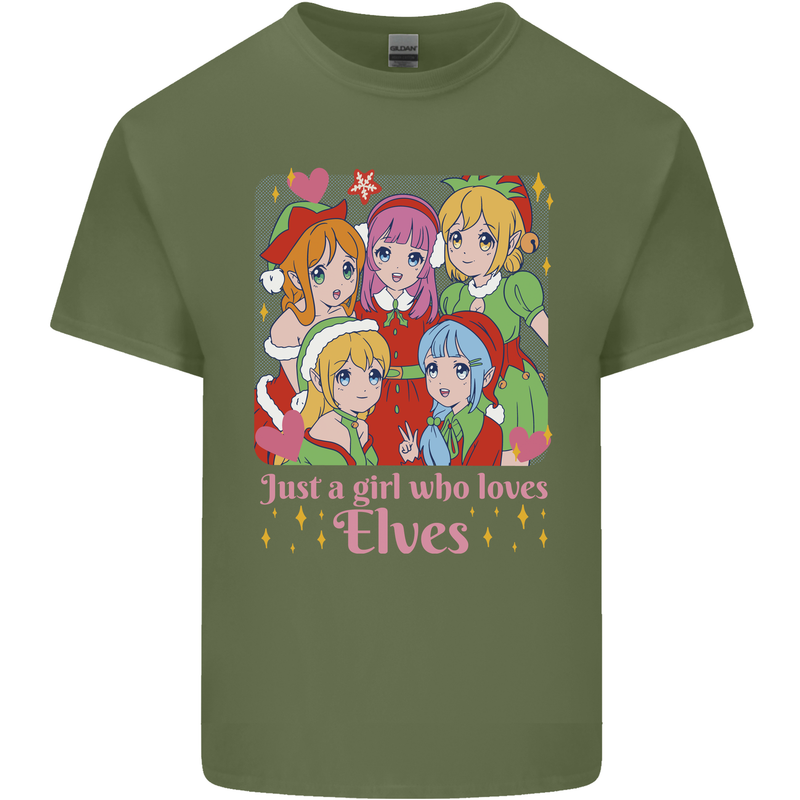 Anime A Girl Who Loves Elves Christmas Xmas Mens Cotton T-Shirt Tee Top Military Green
