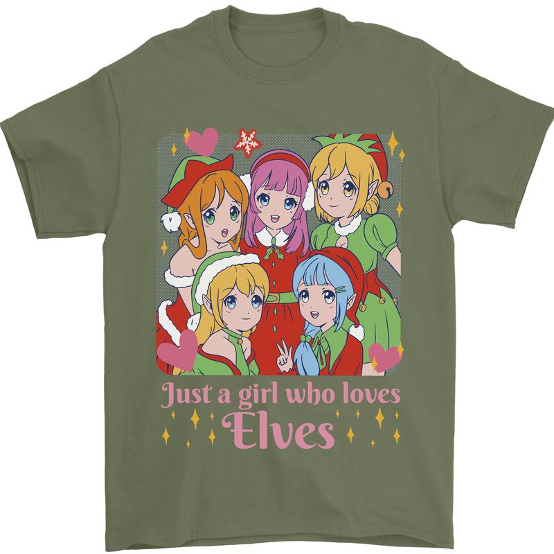 Anime A Girl Who Loves Elves Christmas Xmas Mens T-Shirt 100% Cotton Military Green