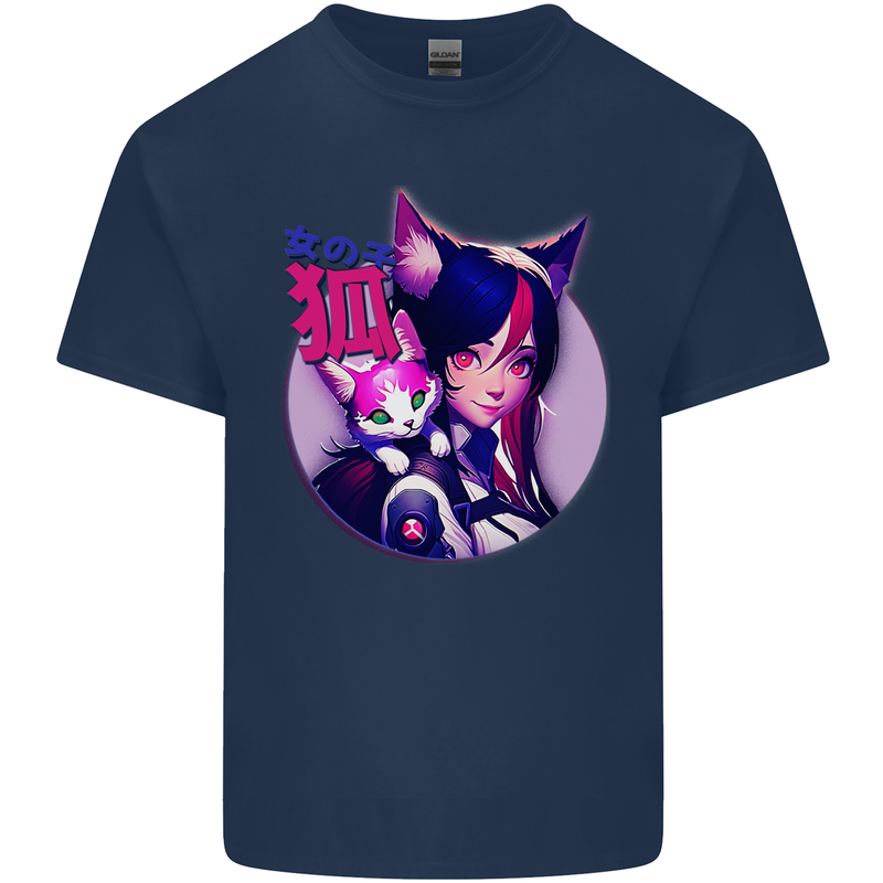 Anime Cat Girl Kids T-Shirt Childrens Navy Blue