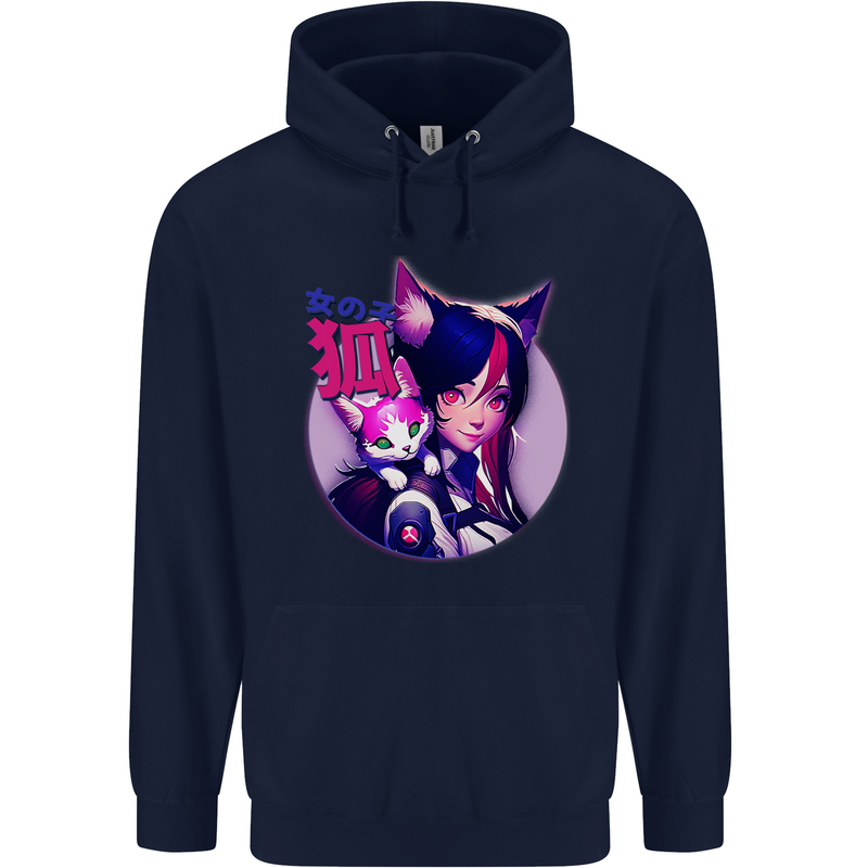 Anime Cat Girl Mens 80% Cotton Hoodie Navy Blue