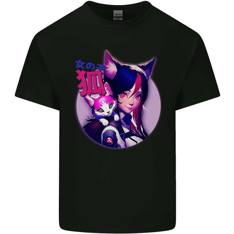 Anime Cat Girl Mens Cotton T-Shirt Tee Top Black