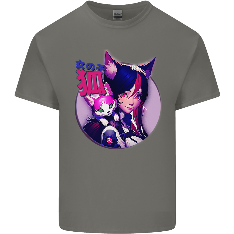 Anime Cat Girl Mens Cotton T-Shirt Tee Top Charcoal