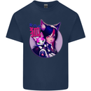 Anime Cat Girl Mens Cotton T-Shirt Tee Top Navy Blue