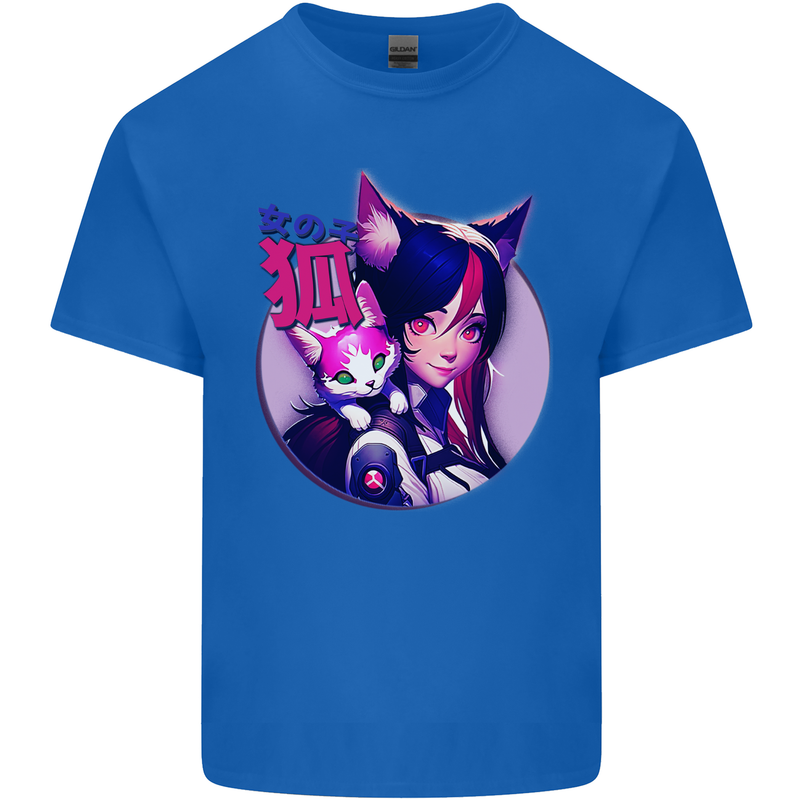 Anime Cat Girl Mens Cotton T-Shirt Tee Top Royal Blue