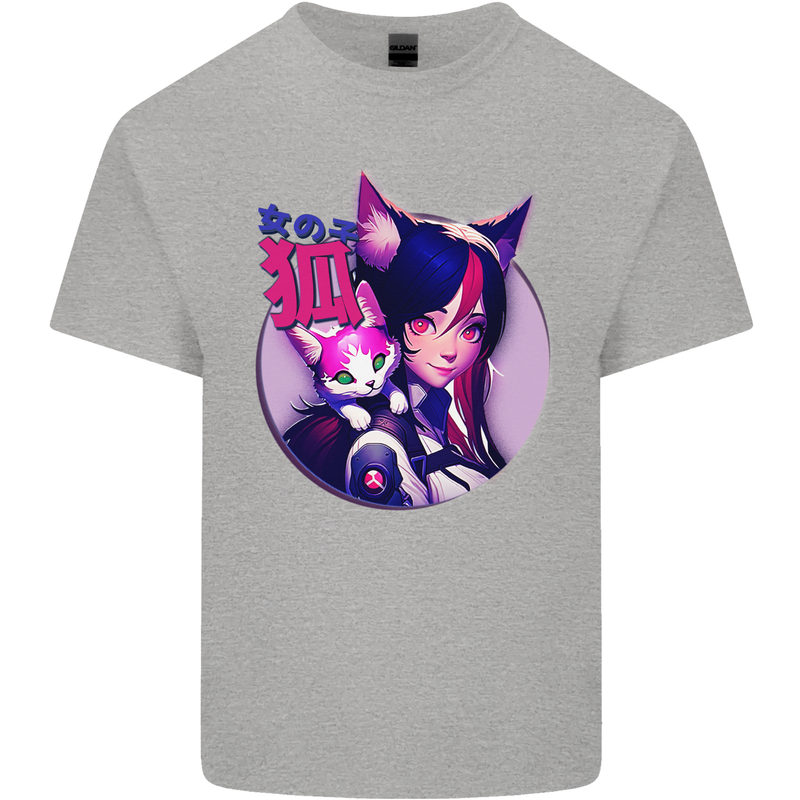Anime Cat Girl Mens Cotton T-Shirt Tee Top Sports Grey