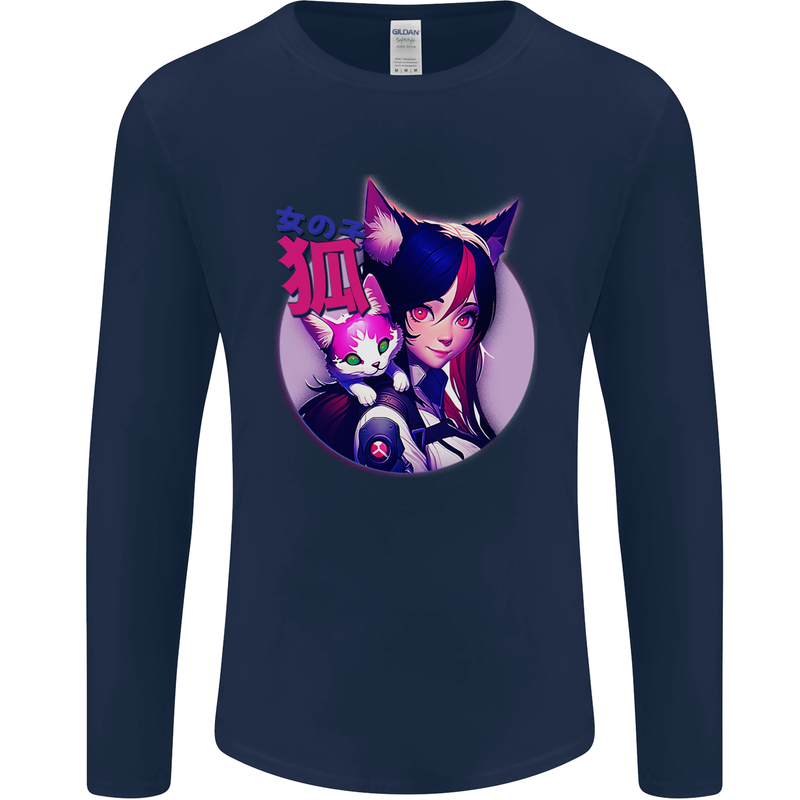 Anime Cat Girl Mens Long Sleeve T-Shirt Navy Blue