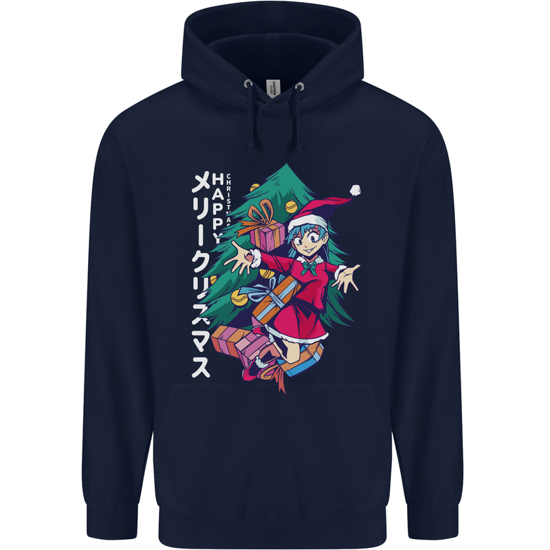 Anime Elf Christmas Tree Xmas Childrens Kids Hoodie Navy Blue