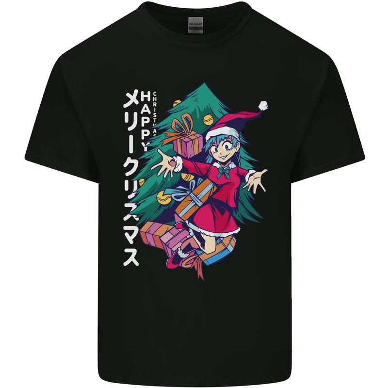 Anime Elf Christmas Tree Xmas Mens Cotton T-Shirt Tee Top Black