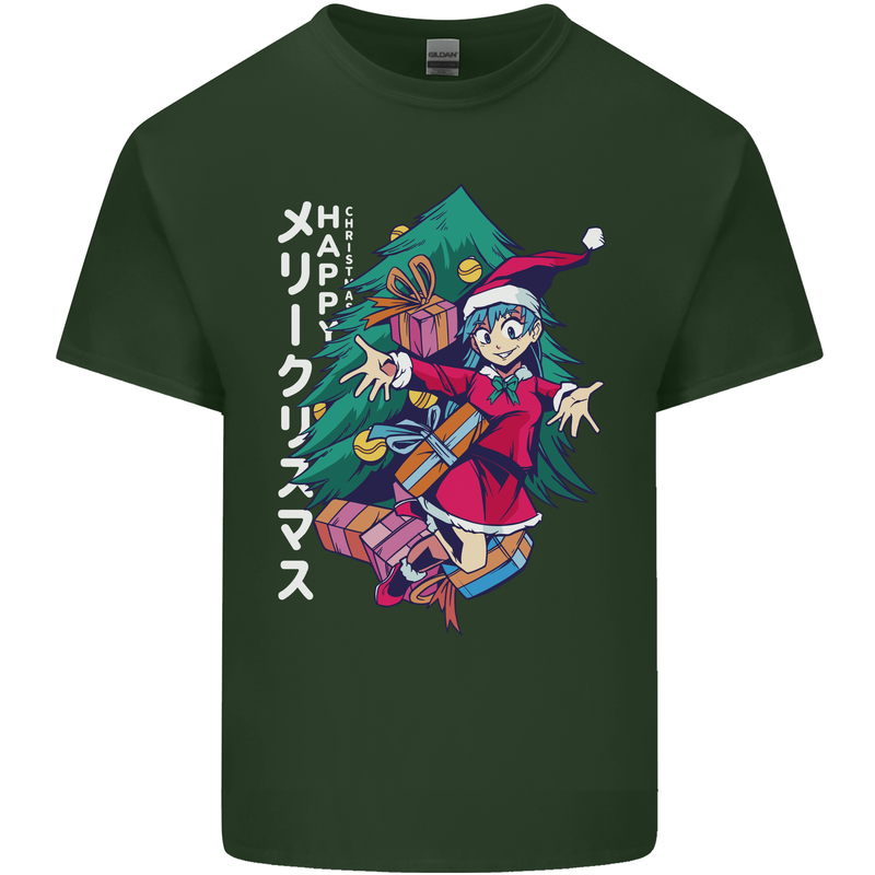 Anime Elf Christmas Tree Xmas Mens Cotton T-Shirt Tee Top Forest Green