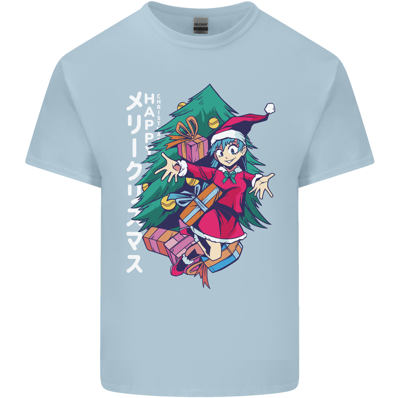 Anime Elf Christmas Tree Xmas Mens Cotton T-Shirt Tee Top Light Blue