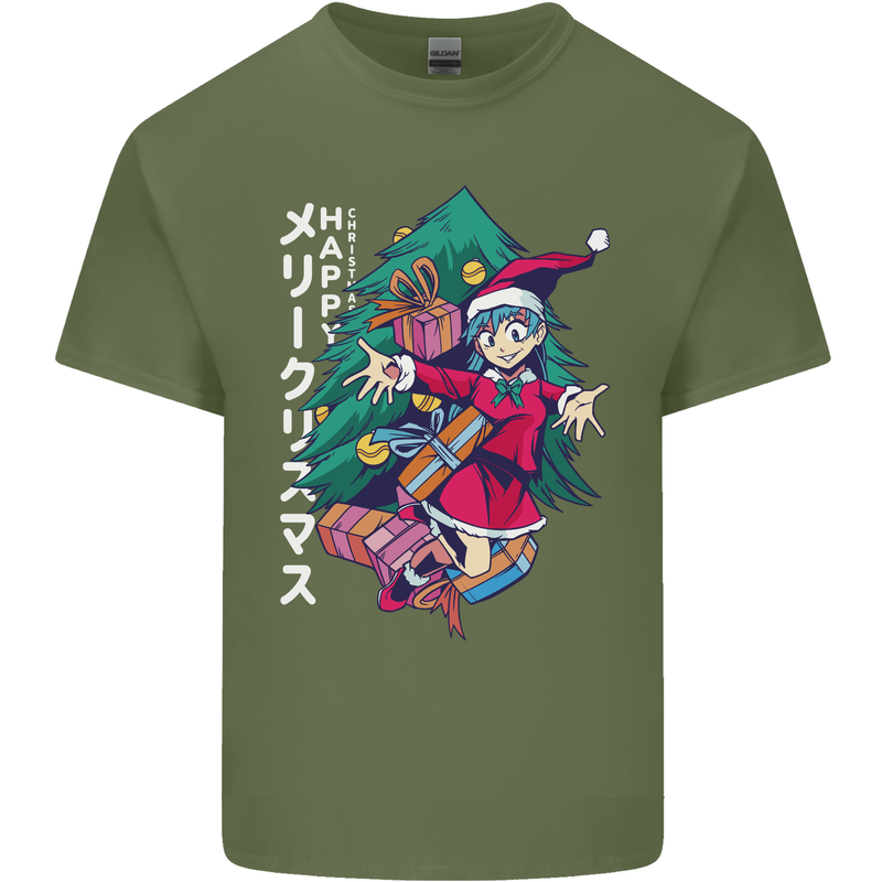 Anime Elf Christmas Tree Xmas Mens Cotton T-Shirt Tee Top Military Green