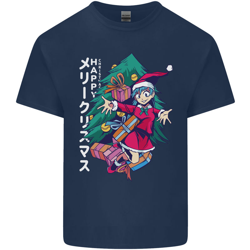 Anime Elf Christmas Tree Xmas Mens Cotton T-Shirt Tee Top Navy Blue