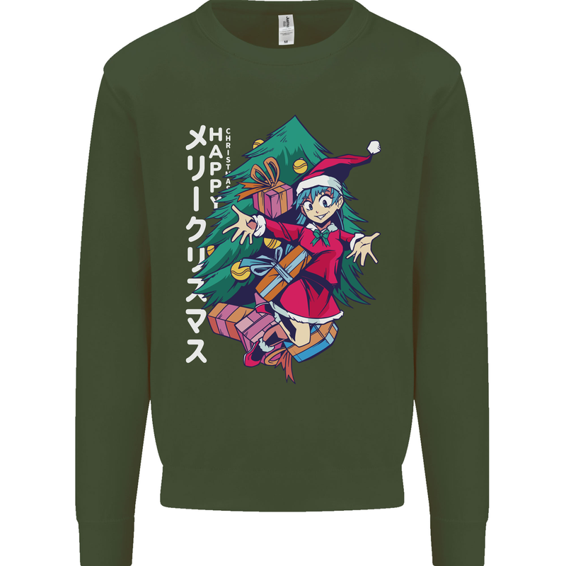 Anime Elf Christmas Tree Xmas Mens Sweatshirt Jumper Forest Green