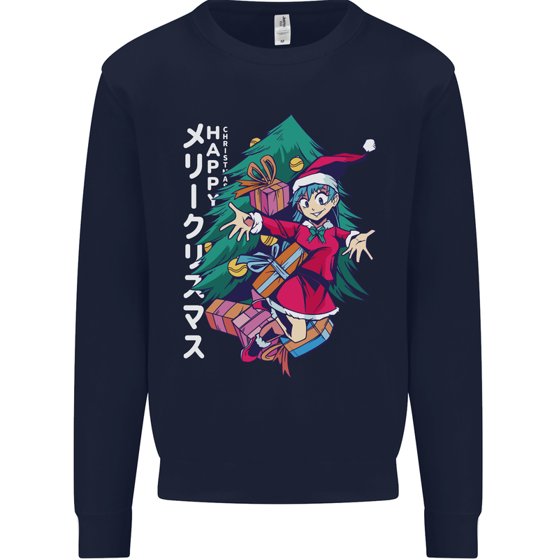 Anime Elf Christmas Tree Xmas Mens Sweatshirt Jumper Navy Blue
